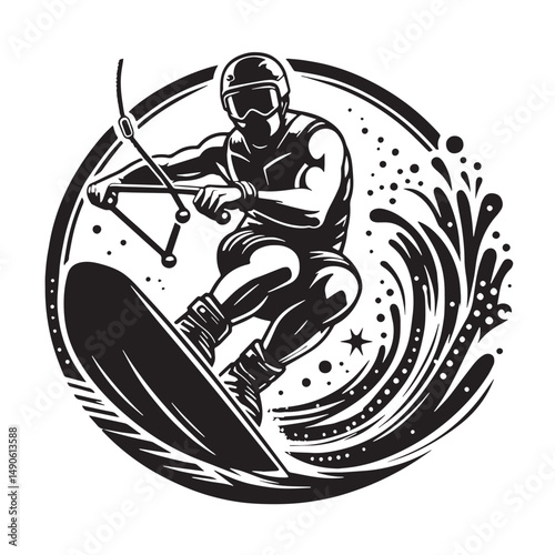 Wakeboarding Silhouette line art vector illustration on white background