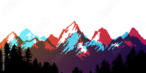 Mountain with forest silhouette border. Vectot colorful design element in overprint style.