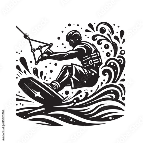 Wakeboarding Silhouette line art vector illustration on white background
