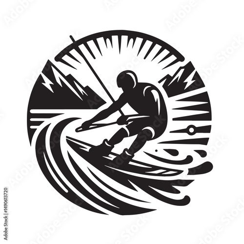 Wakeboarding Silhouette line art vector illustration on white background