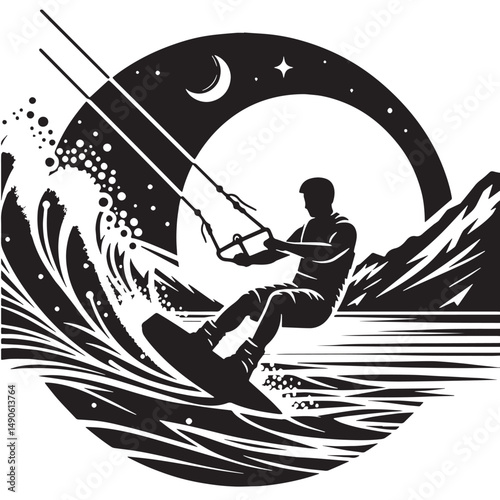 Wakeboarding Silhouette line art vector illustration on white background