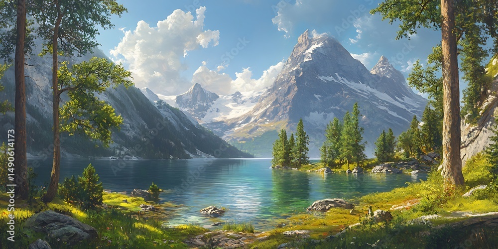Obraz premium Mountain Lake Landscape Scenic Art