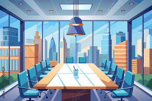 High-end modern office meeting room with floor-to-ceiling glass windows offering a panoramic city skyline view. The stylish interior features a large wooden conference table, contemporary leather chai