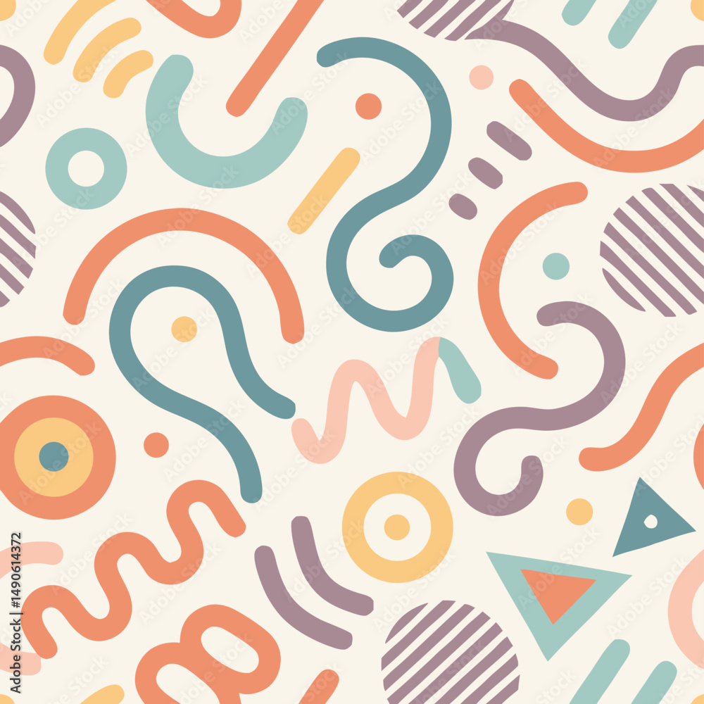 Obraz premium Abstract Seamless Pattern: Colorful Geometric Shapes & Lines