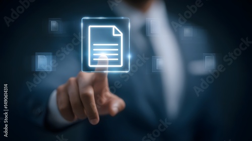Businessman interacting with digital document management system on computer screen optimizing paperless office processes and assurance for enterprise resource planning ERP solutions
