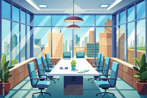 High-end modern office meeting room with floor-to-ceiling glass windows offering a panoramic city skyline view. The stylish interior features a large wooden conference table, contemporary leather chai