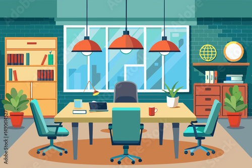 High-end modern office meeting room with floor-to-ceiling glass windows offering a panoramic city skyline view. The stylish interior features a large wooden conference table, contemporary leather chai