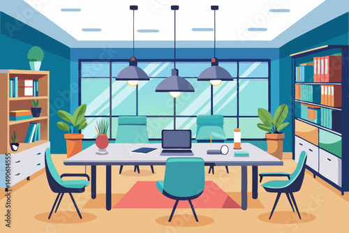 High-end modern office meeting room with floor-to-ceiling glass windows offering a panoramic city skyline view. The stylish interior features a large wooden conference table, contemporary leather chai