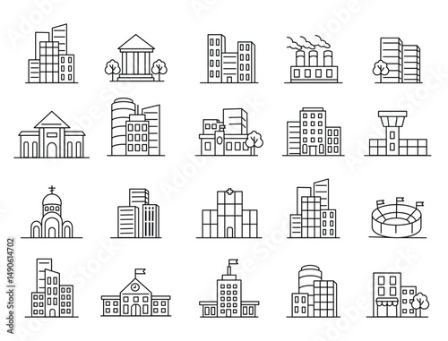Building icons featuring diverse architectural styles
