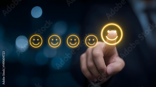 Hand reaching out to touch and select a smiley face icon on a digital interface representing customer satisfaction and evaluation of a product or service