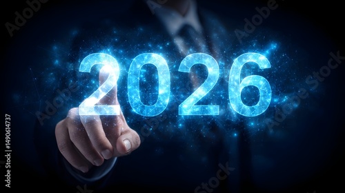 Businessman reaching out to a futuristic virtual screen visualizing goals plans and strategies for the year 2026 ahead