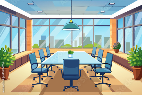 High-end modern office meeting room with floor-to-ceiling glass windows offering a panoramic city skyline view. The stylish interior features a large wooden conference table, contemporary leather chai