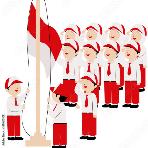 Indonesian Flag Raising Ceremony: Children in Uniform Saluting