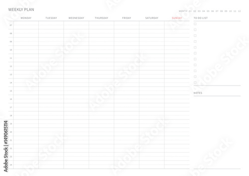 A weekly plan design template in a modern, simple, and minimalist style. Note, scheduler, diary, calendar, planner document template illustration.