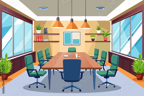 High-end modern office meeting room with floor-to-ceiling glass windows offering a panoramic city skyline view. The stylish interior features a large wooden conference table, contemporary leather chai