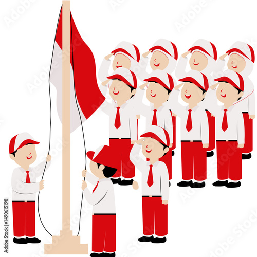 Indonesian Elementary School Childrents in Raising the Flag Ceremony: Patriotic Illustration