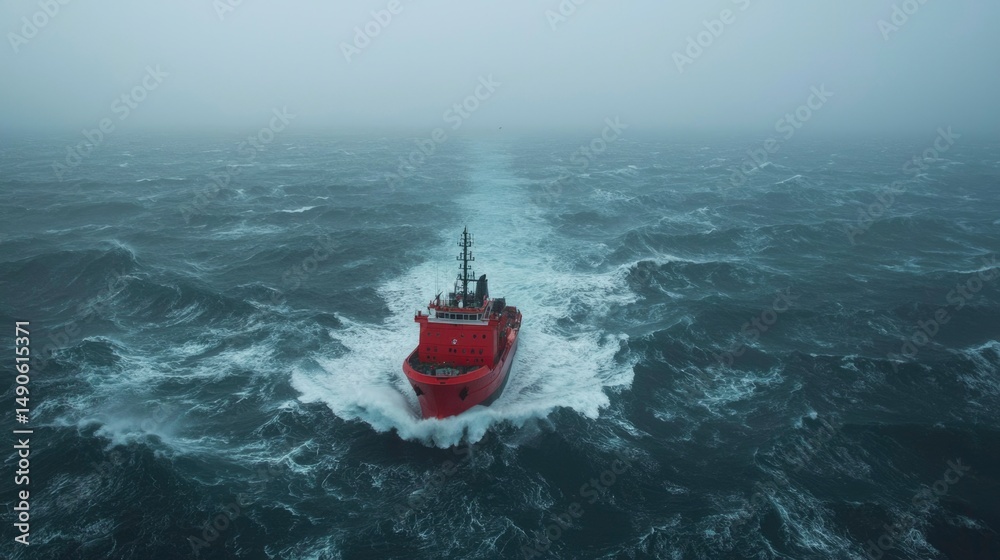 Naklejka premium Red tugboat in rough seas