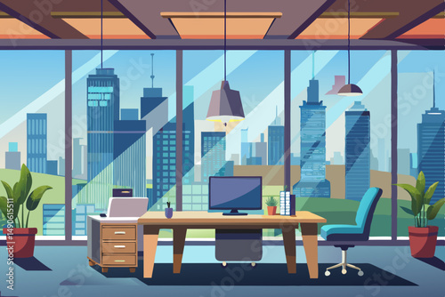 High-end modern office meeting room with floor-to-ceiling glass windows offering a panoramic city skyline view. The stylish interior features a large wooden conference table, contemporary leather chai