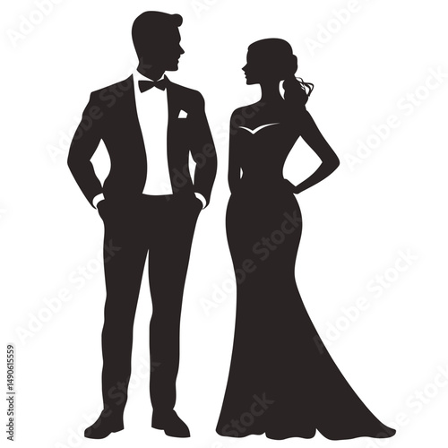 Silhouette of elegant man in tuxedo and woman in evening gown formal attire standing together isolated on white background vector illustration flat minimalist design