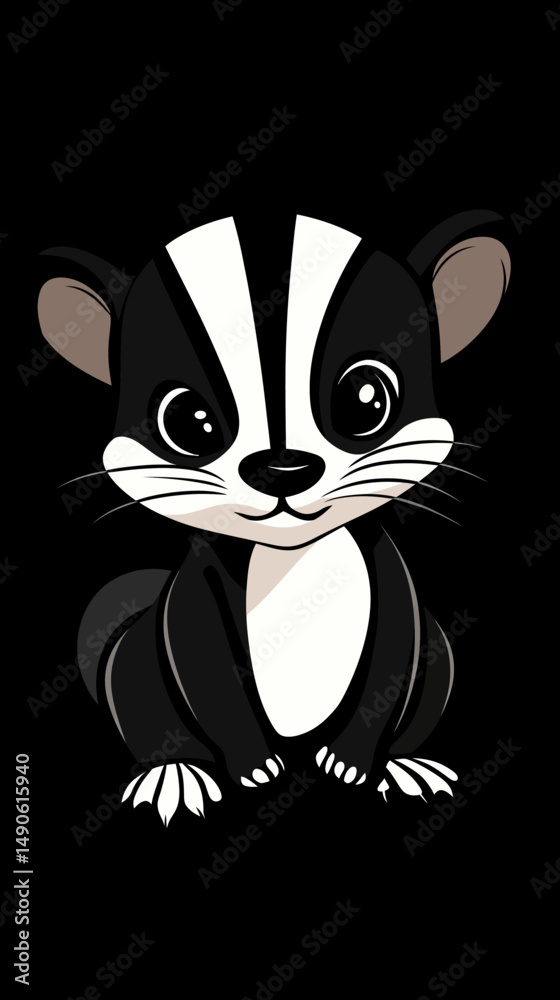 Obraz premium Cute cartoon baby skunk with big eyes sitting smiling on black background in flat minimalist vector style animal illustration
