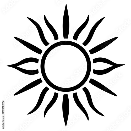 Minimalist black and white sun icon with alternating pointed and curved rays, stylized solar symbol in vector flat design for energy and nature concepts