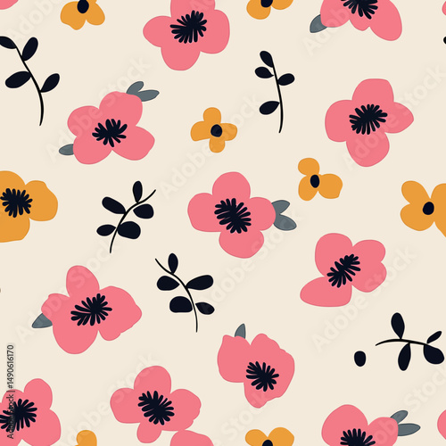 Seamless pattern with minimalist hand drawn pink and orange flowers with black and gray leaves on cream background for fabric and textile design