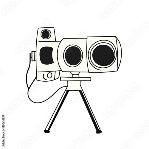 Handheld video camera with zoom lens on tripod stand line art icon vintage style recording device illustration vector
