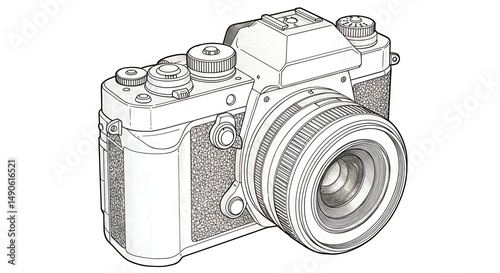 Classic Camera Detailed Line Art Drawing in Monochromatic Style
