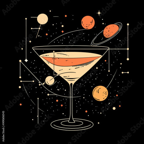 Minimalist vector illustration of a cocktail martini glass with planets stars cosmic elements in celestial space background flat design concept for drinks and nightlife