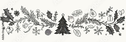 Hand drawn Christmas holiday border with pine tree, holly leaves, snowflakes, ornaments, gift box, and festive botanical elements in black and white sketch style vector illustration