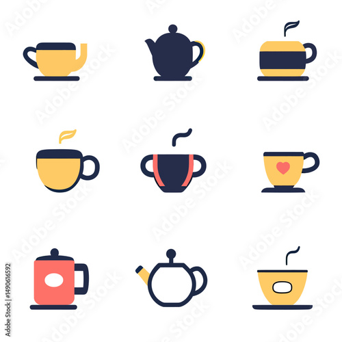 Minimalist flat vector set of tea cups and coffee pots icons in soft dark blue and pastel colors with heart and steam details on white background for beverage concepts and cafe design