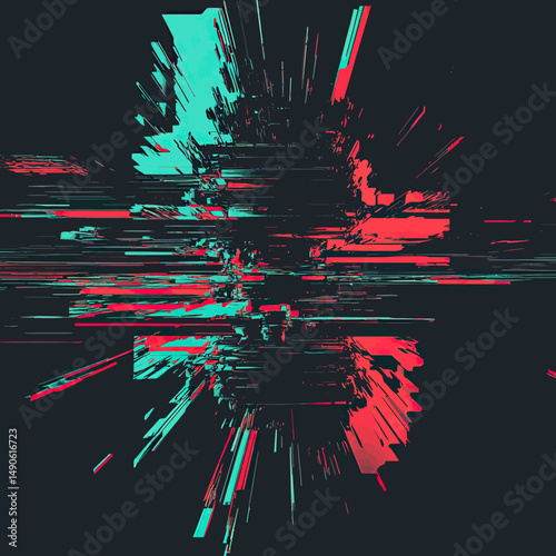Abstract digital glitch with 3D anaglyph effect and distorted pixel explosion in red and cyan on dark background for technology concept design