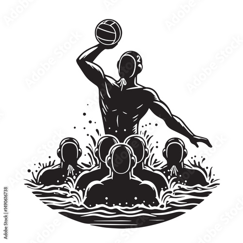 Water Polo Silhouette line art vector illustration on white background