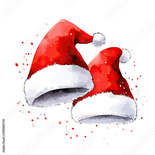 Watercolor Christmas Santa Claus Hats with White Fur Trim and Pom Poms on White Background Festive Holiday Accessories Illustration