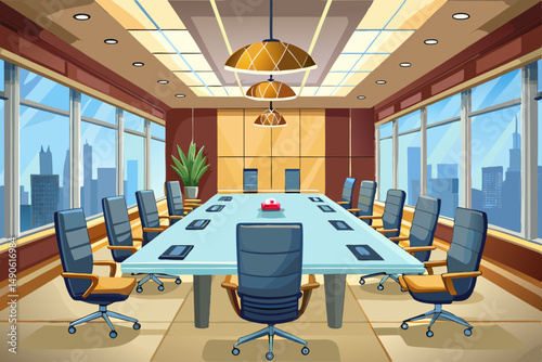 
High-end modern office meeting room with floor-to-ceiling glass windows offering a panoramic city skyline view. The stylish interior features a large wooden conference table, contemporary leather cha