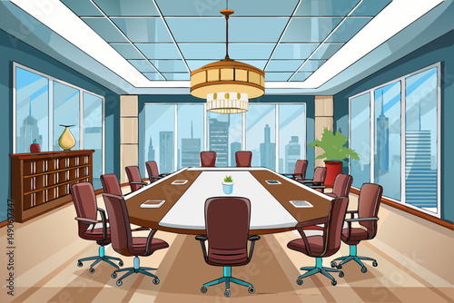 High-end modern office meeting room with floor-to-ceiling glass windows offering a panoramic city skyline view. The stylish interior features a large wooden conference table, contemporary leather chai