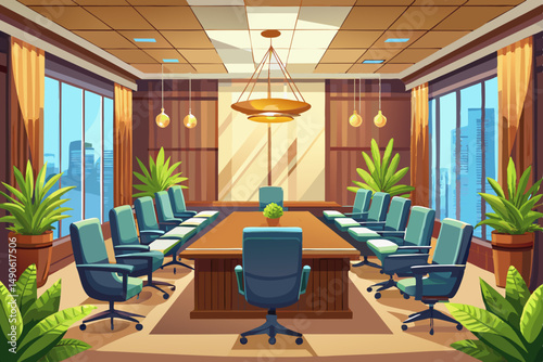 
High-end modern office meeting room with floor-to-ceiling glass windows offering a panoramic city skyline view. The stylish interior features a large wooden conference table, contemporary leather cha