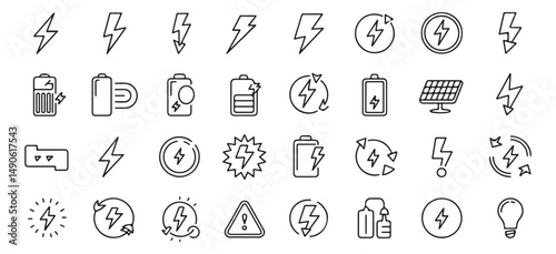 Energy and Power Icons Collection - Set of Simple Line Art Illustrations of Electrical Symbols