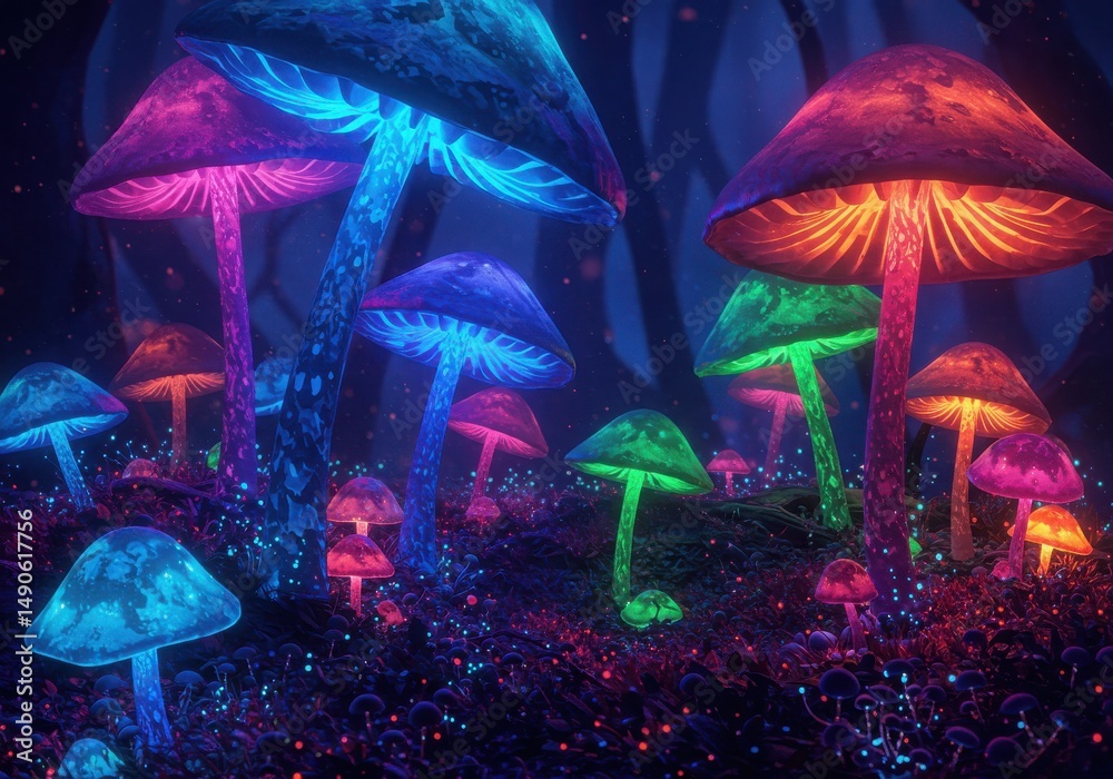 Fototapeta premium Glowing mushrooms in a colorful forest landscape
