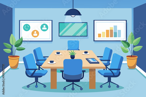 
High-end modern office meeting room with floor-to-ceiling glass windows offering a panoramic city skyline view. The stylish interior features a large wooden conference table, contemporary leather cha
