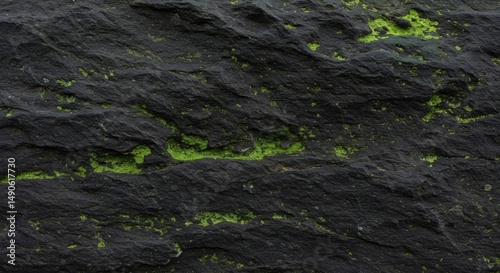Close up of black rock with green moss texture background for nature and geology enthusiasts look 100