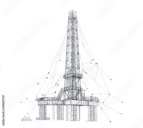 Low poly wireframe offshore oil drilling rig platform with connected nodes and polygon mesh structure on white background technology concept illustration