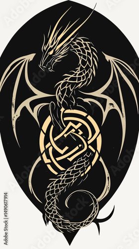 Elegant Celtic dragon with intertwined knot design in minimalist black and beige flat vector style, mythical serpent with wings and intricate scales artwork for tattoo or emblem inspiration