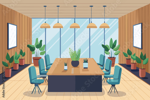 
High-end modern office meeting room with floor-to-ceiling glass windows offering a panoramic city skyline view. The stylish interior features a large wooden conference table, contemporary leather cha