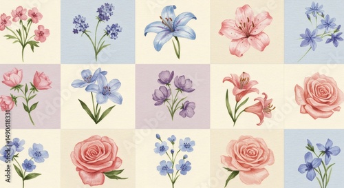 Watercolor flower collection floral illustration botanical art print vintage flower design aesthetic art