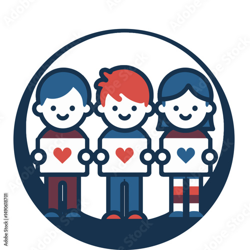 Kids holding love signs icon representing friendship and gratitude in a cheerful design