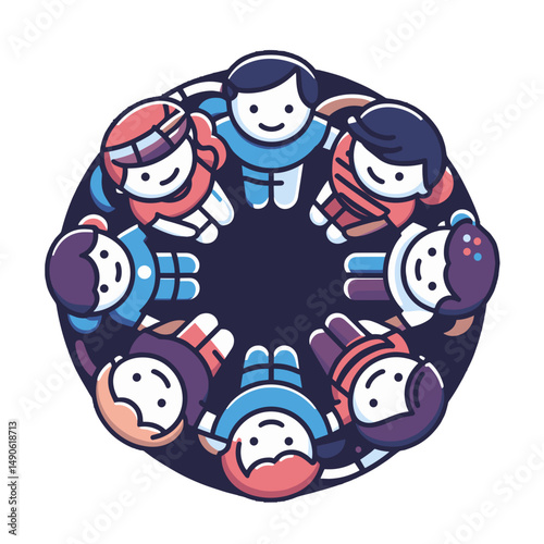 Circle of diverse children icon representing friendship and collaboration in a colorful design