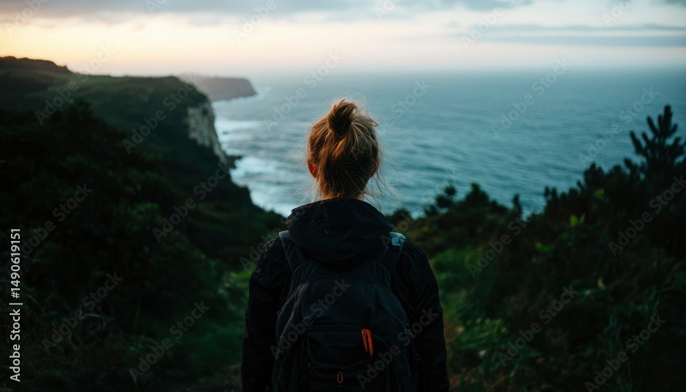 Fototapeta premium Woman gazing at ocean vista