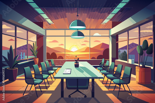 High-end modern office meeting room with floor-to-ceiling glass windows offering a panoramic city skyline view. The stylish interior features a large wooden conference table, contemporary leather chai