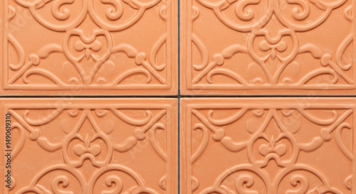 Terracotta tiles with embossed design for flooring and wall decor in interior and exterior spaces